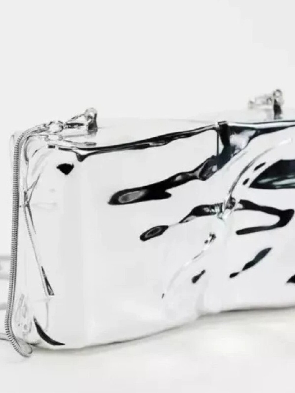 Zara Metallic Minaudiere Box Clutch Bag Chain Reflective Silver 6509/310 New - Picture 5 of 5